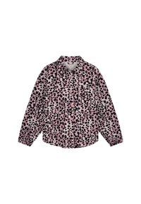 Roze shirt met een zwart luipaardprint, lange mouwen, kraagontwerp, voorzien van een knoopsluiting en twee voorzakken. Zachte stoftextuur.