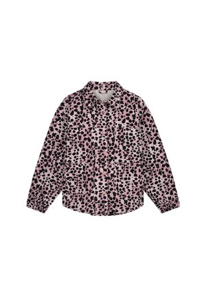 Pink shirt with a black leopard print, long sleeves, collared design, featuring button closure and two front pockets. Soft fabric texture.