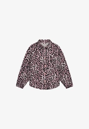 Rosa Hemd mit schwarzem Leopardenmuster, lange Ärmel, mit Kragen, featuring Knopfverschluss und zwei vorderen Taschen. Weiche Stoffstruktur.