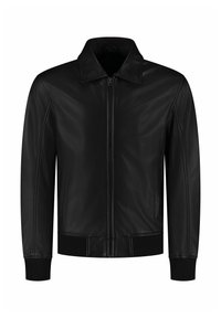 Schwarze Lederjacke mit Reißverschluss, Kragen und gerippten Bündchen. Das Material hat eine glatte Textur mit minimalen Nähdetails.
