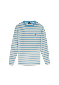 Gestreepte lange mouwen shirt in gebroken wit en lichtblauw. Heeft een ronde halslijn en een klein groen boompje logo op de linker borst. Zachte textuur.