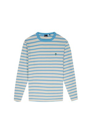 Gestreepte lange mouwen shirt in gebroken wit en lichtblauw. Heeft een ronde halslijn en een klein groen boompje logo op de linker borst. Zachte textuur.