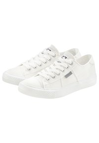 White canvas sneakers with a low top, featuring round laces, a textured rubber sole, and a small gray logo on the side.