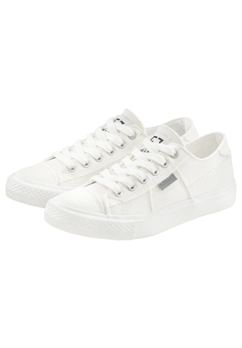 White canvas sneakers with a low top, featuring round laces, a textured rubber sole, and a small gray logo on the side.
