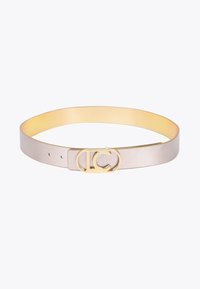 Slät, ljusgrå läderbälte med en metallisk guldspricka som har en cirkulär logotypdesign. Justerbart med flera hål för anpassning.