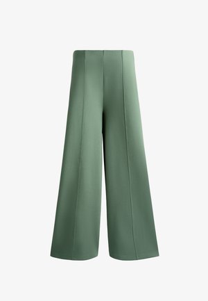 Wide-leg trousers in a muted green fabric, featuring stitched seams and a high waist. Smooth texture with no visible hardware or patterns.