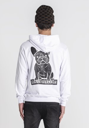 Hoodie blanc avec un graphique noir d'un bulldog français au dos, arborant le texte "GIANNI KAVANAGH" en dessous du design. Tissu texturé.