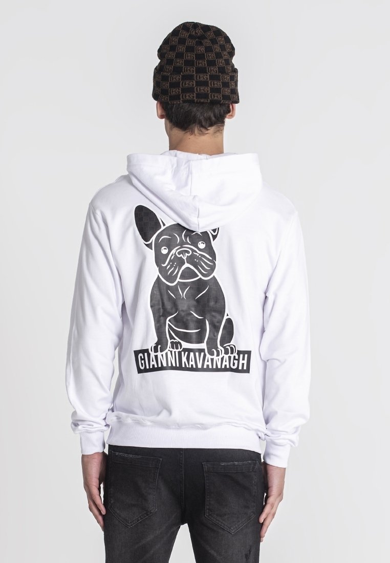 Biela mikina s kapucňou s čiernym grafickým motívom francúzskeho buldoga na zadnej strane, pod dizajnom s textom "GIANNI KAVANAGH". Textúrovaná tkanina.