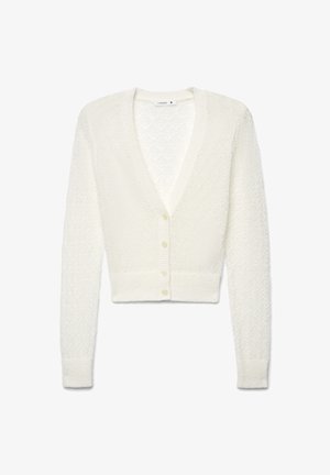 Cardigan bianco corto in tessuto strutturato. Presenta una profonda scollatura a V, maniche lunghe e cinque bottoni sul davanti. Morbido e leggero.