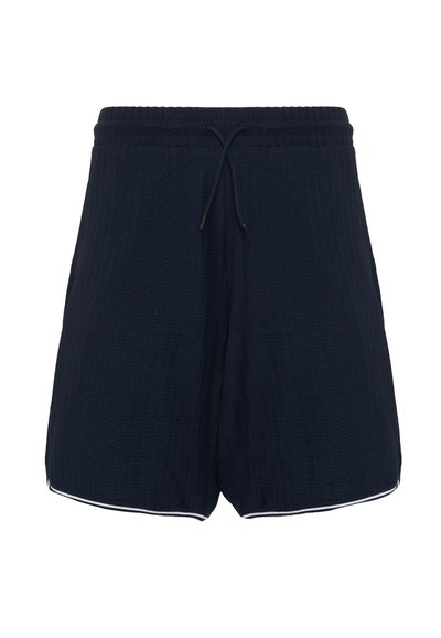 Shorts texture blu navy con vita regolabile e bordo bianco lungo l'orlo. Presentano un design a coste per un maggiore effetto visivo.