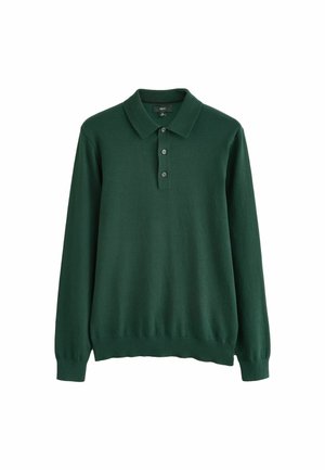 Grünes langärmeliges Polo-Shirt aus weichem Material, mit einem spitzen Kragen, drei Knöpfen und gerippten Bündchen. Einfaches Design.