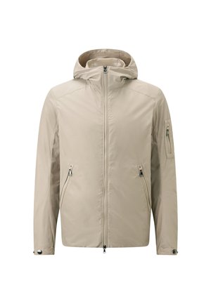 Beige waterdichte jas met capuchon, voorziip, zijzakken en een met rits afgesloten mouwzak. Glad textuur en minimalistisch ontwerp.