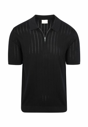 Zwart gebreid polohemd met korte mouwen, verticale geperforeerde strepen en een halflange rits aan de voorkant van de kraag.
