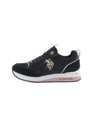 Black sneaker with suede accents, white midsole, pink detailing, gold eyelets, and a logo with a polo player on the side.