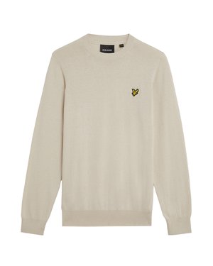 Beige knit sweater with long sleeves and a crew neckline. Features a small yellow embroidered logo on the chest. Soft texture.