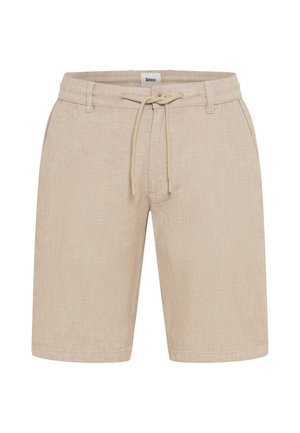 Beige knælange hørshorts med elastik i taljen, snøre, bæltestropper, sidelommer og en lille knapdetalje foran.