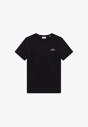 Fekete pamut póló kerek nyakkal, rövid ujjakkal és egy kis előlapi grafikával eltérő színben. Klasszikus fazon és sima textúra.