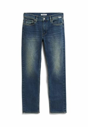 Dunkelblaue Jeans aus Denim mit gerade geschnittenem Bein. Verblasste Akzente an den Oberschenkeln, fünf Taschen und Verschluss mit Knopf und Reißverschluss.