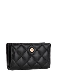 Črna prešita denarnica z teksturiranim usnjenim zaključkom, opremljena z zlato-zapiralnim zaskokom in mat vzorcem po površini.