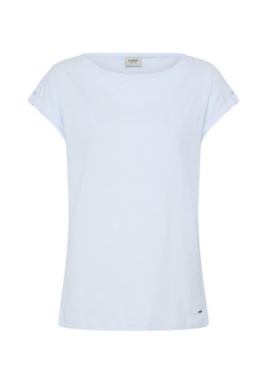 Lyseblå kortærmet damebluse med bådhalsudskæring og knapdetaljer på ærmerne, ensfarvet design, stofmærke inde i kraven.