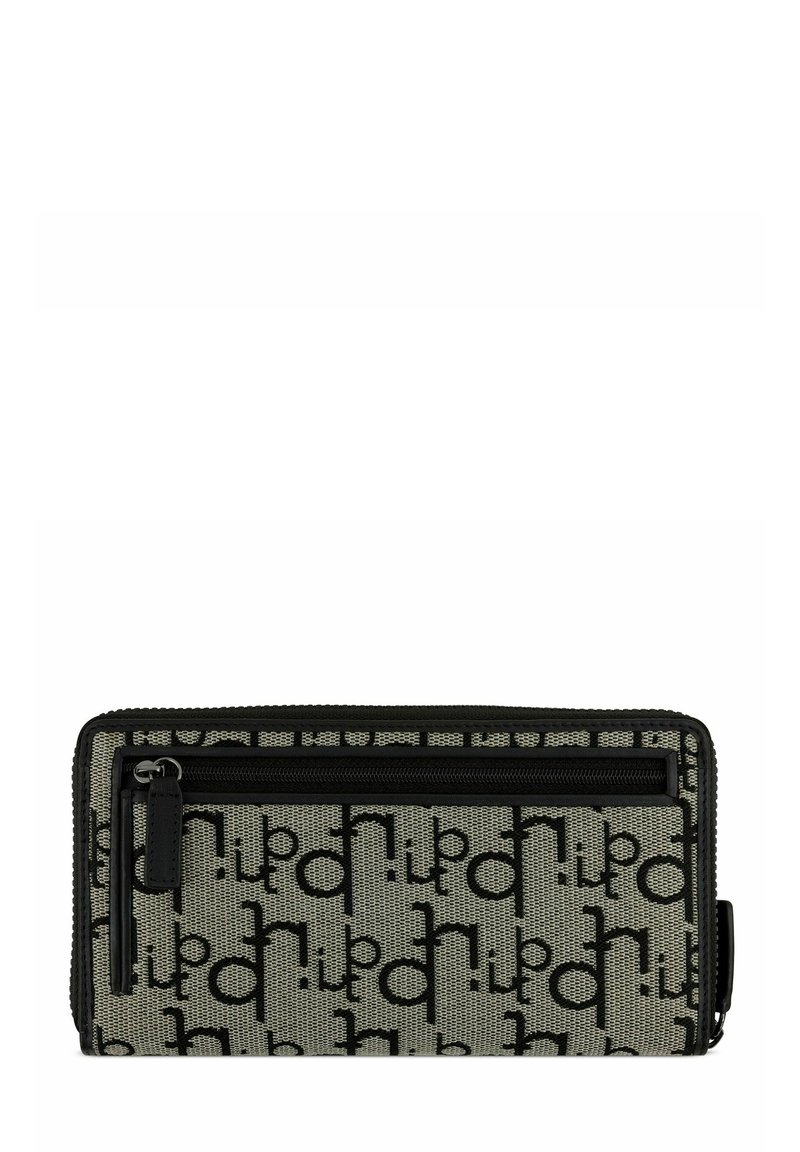Portefeuille zippé rectangulaire en tissu gris avec un motif de logo noir. Dispose d'une poche zippée externe et d'une surface texturée.