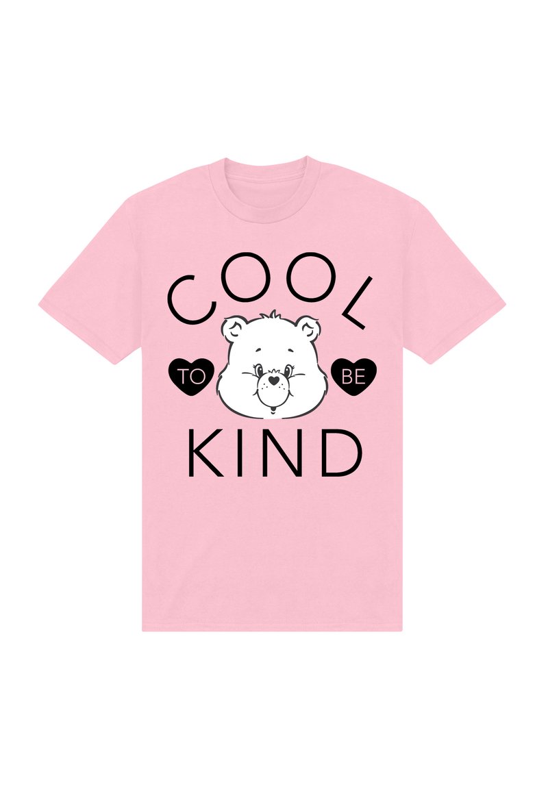 Rosa bomulls-T-shirt med ett tecknat björnfans och texten "COOL TO BE KIND" i fet svarta bokstäver med hjärtaccent.