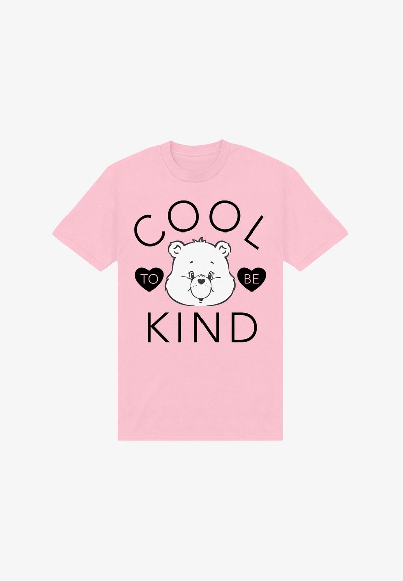 Rosa bomulls-T-shirt med ett tecknat björnfans och texten "COOL TO BE KIND" i fet svarta bokstäver med hjärtaccent.