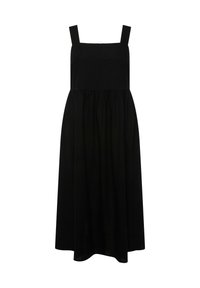 Musta ilmanhiha dressi, jossa on neliömäinen kaula-aukko, kootut vyötärö ja pitkä, sujuva helma pehmeässä kankaassa. Ei näkyviä kuvioita tai koristeluja.