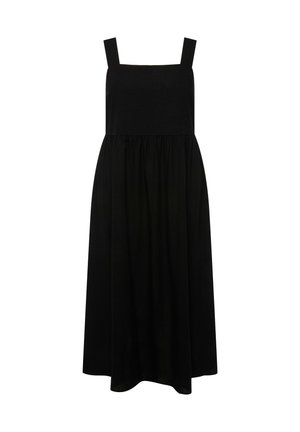 Sorte ærmeløs kjole med firkantet udskæring, samlet talje og en let, ankel-længde nederdel i et glat stof. Ingen synlige mønstre eller udsmykninger.