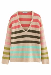 V-neck, long-sleeve knit sweater featuring horizontal stripes in shades of pink, beige, green, and turquoise in a ribbed texture.