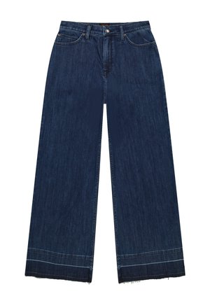 Σκούρα μπλε τζιν με μπατζάκια φαρδιά, πέντε τσέπες, κλείσιμο με κουμπί και φερμουάρ, και ραμμένες άκρες με ελαφριά ξεφτίσματα στο κάτω μέρος.