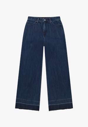 Dark blue wide-leg jeans with five pockets, button and zipper closure, and stitched hems with slight fraying at the bottom.