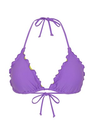 Lila Bikini-Oberteil mit Rüschenrand, verstellbaren Bändern und einer kontrastierenden gelben Innenseite. Strukturierter, dehnbarer Stoff, der für Komfort sorgt.