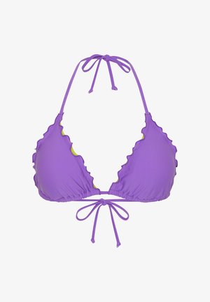 Lila Bikini-Oberteil mit Rüschenrand, verstellbaren Bändern und einer kontrastierenden gelben Innenseite. Strukturierter, dehnbarer Stoff, der für Komfort sorgt.