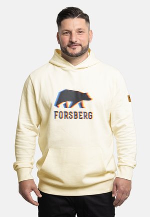 Hoodie w kolorze kremowym z grafiką niedźwiedzia i napisem "FORSBERG" w niebieskim poniżej. Posiada przednią kieszeń i kaptur ze sznurkiem. Miękka tekstura tkaniny.