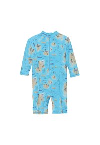 Ljusblå baddräkt med lång ärm, med ett lekfullt strandtema i tan, orange och marinblått. Framdragkedja.