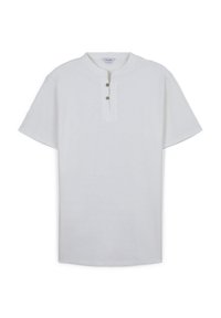 Camicia bianca a maniche corte con colletto rotondo e due bottoni marroni sul davanti.