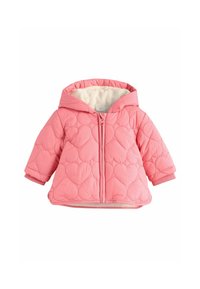 Rosa gesteppte Jacke mit einem Herzmuster, mit Reißverschluss vorne und einem flauschigen Innenfutter. Sie hat eine Kapuze und gerippte Bündchen.