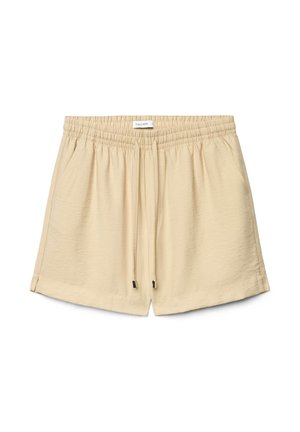 Pantaloncini con vita elastica beige con coulisse, tasche laterali e piccole fessure laterali, realizzati in tessuto leggero e strutturato.
