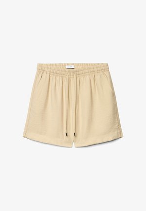Pantaloncini con vita elastica beige con coulisse, tasche laterali e piccole fessure laterali, realizzati in tessuto leggero e strutturato.