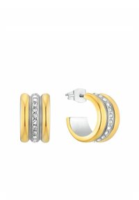 Pendientes de aro de oro y plata con un diseño texturizado, adornados con una fila de strass transparentes en un lado y acabados lisos.