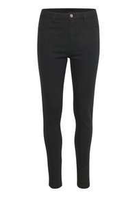 Černé skinny džíny s hladkou texturou látky, vybavené předním zapínáním na knoflík, pěti kapsami a přiléhavým střihem.