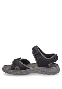 Czarne skórzane sandały z szarymi akcentami, otwarta konstrukcja, regulowane paski, wyściełana wkładka oraz teksturowana gumowa podeszwa zapewniająca przyczepność.