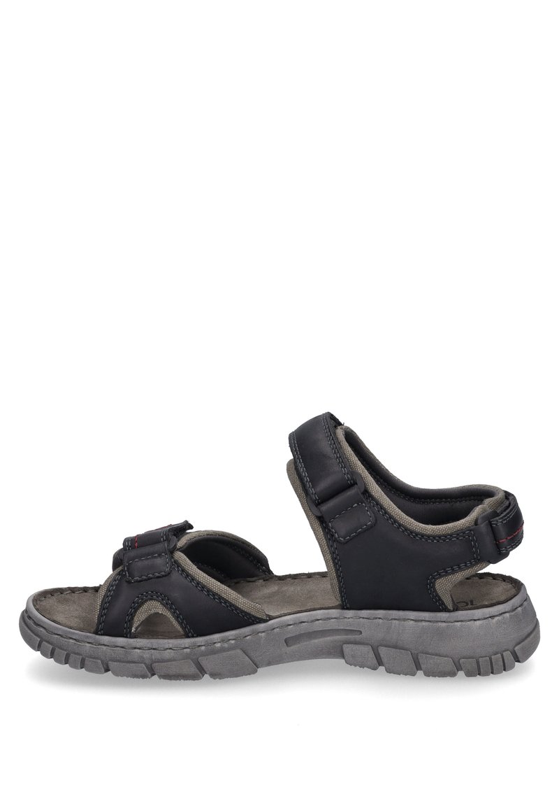 Czarne skórzane sandały z szarymi akcentami, otwarta konstrukcja, regulowane paski, wyściełana wkładka oraz teksturowana gumowa podeszwa zapewniająca przyczepność.