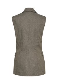 Bezrukávý šedý vestě s hladkým vzorem houndstooth, klopovým límcem, dvěma bočními kapsami a přiléhavým střihem. Zadní strana má hladký, strukturovaný povrch.