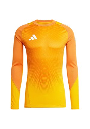 Sportieve lange mouw shirt in een gradiënt oranje, met gestructureerde patronen en witte branding. Vochtregulerend, aansluitend ontwerp voor optimale prestaties.