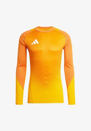Long-sleeve athletic shirt in gradient orange, featuring textured patterns and white branding. Moisture-wicking, fitted design for performance.