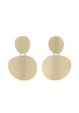 Gold-tone metal earrings with an abstract design. Features two connected shapes: an oval at the top and a larger rounded shape below.