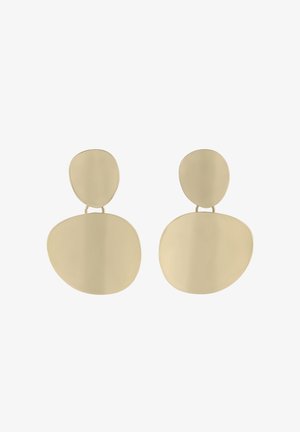 Gold-tone metal earrings with an abstract design. Features two connected shapes: an oval at the top and a larger rounded shape below.