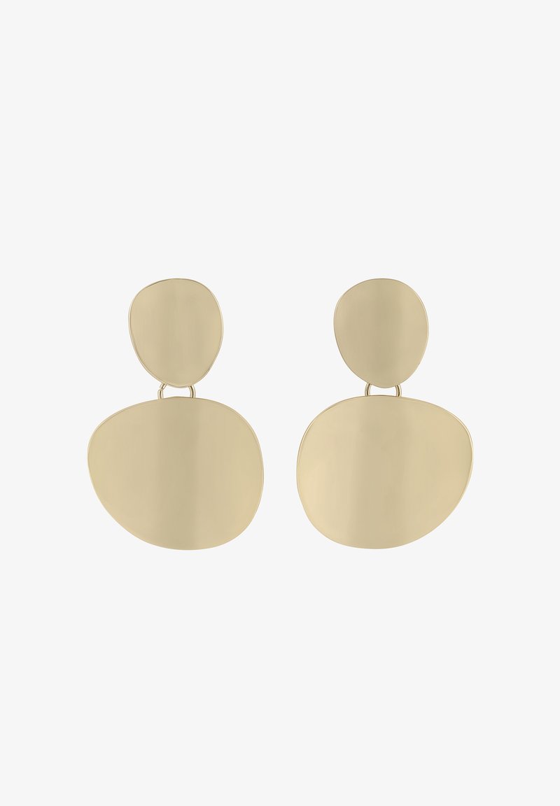 Gold-tone metal earrings with an abstract design. Features two connected shapes: an oval at the top and a larger rounded shape below.